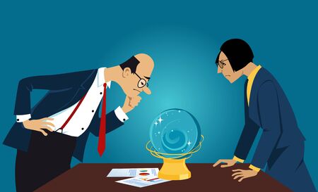 Business people staring into a crystal ball, looking for a forecast, EPS 8 vector illustrationのイラスト素材