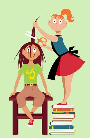 Little girl is giving a haircut to her friend, EPS 8 vector illustrationのイラスト素材