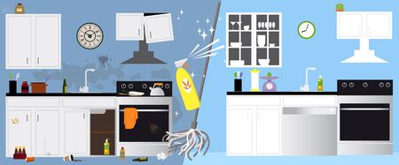 Kitchen interior before and after deep cleaning, vector illustrationのイラスト素材