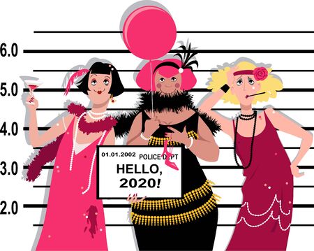 Three young women in flappers' outfits stand for a mug shot at the police station, holding Hello 2020  tablet, vector illustrationのイラスト素材