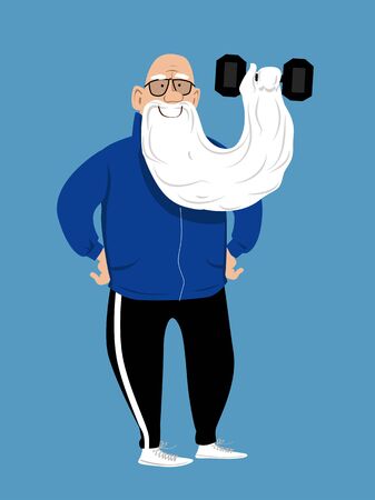 Elderly man pushing a dumbbell with his long beard, vector illustrationのイラスト素材