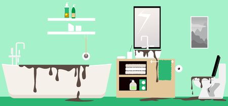 Dirty water backing up in a bathroom after a septic tank fail or a clog, vector illustrationのイラスト素材