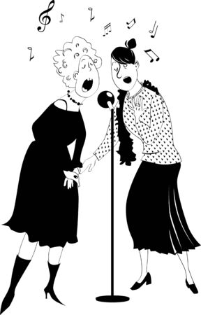 Two mature ladies singing in a microphone, vector illustrationのイラスト素材