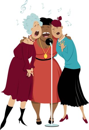 Three mature women singing in a microphone, vector illustrationのイラスト素材