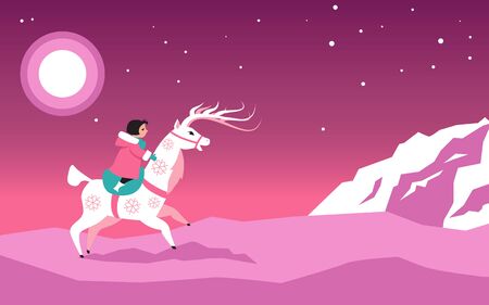 Little girl riding a reindeer in a pink arctic landscape, EPS 8 vector cartoon, no transparenciesのイラスト素材