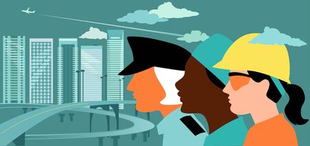 Profile of female police officer, healthcare worker and construction worker with a city landscape...