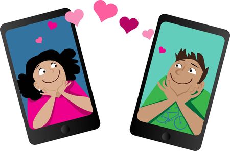 Couple on a online date communicating via smartphones, EPS 8 vector illustrationのイラスト素材