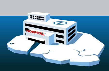 Hospital building standing over a crack in an ice floe as a metaphor for health care crisis, vector illustrationのイラスト素材