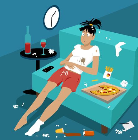 Bored young woman sitting idly alone in a messy room, eating junk food and drinking wine, vector illustrationのイラスト素材