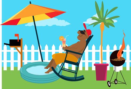 Man enjoying a staycation at the backyard under an umbrella, vector illustrationのイラスト素材