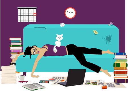 Exhausted woman working from home lying on a couch with business tools, electronic devices and books,  vector illustrationのイラスト素材