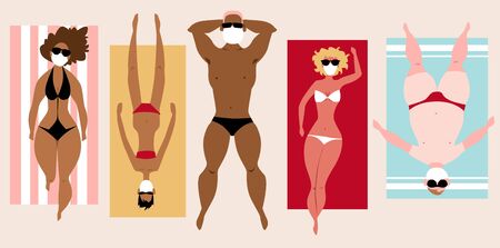 People in swimsuits lying on the beach, wearing facing medical masks to prevent virus spreading, EPS 8 vector illustrationのイラスト素材