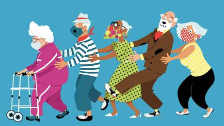 Group of active seniors dancing conga line and wearing protective non-medical facial masks to prevent spread of Covid-19, EPS 8 vector illustrationのイラスト素材