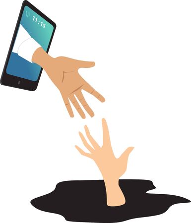 Helping hand coming out of a smartphone to catch a drowning person as a metaphor for online mental health consultation, EPS 8 vector illustrationのイラスト素材