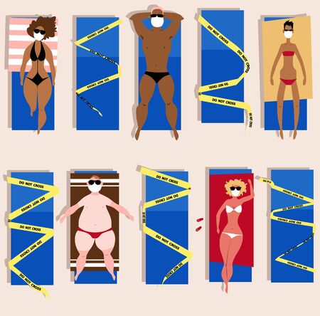 People lying on the beach, wearing face masks and practicing social distancing, EPS 8 vector illustrationのイラスト素材