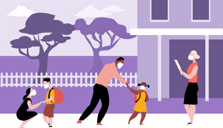 Parents bringing kids to elementary school wearing face masks and maintaining physical distancing during a pandemic,   vector illustrationのイラスト素材