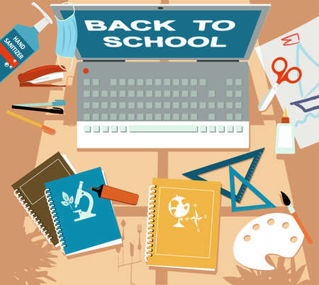 Student desk with tools and laptop with back to school text, a face mask and hand sanitizer, signifying of Covid-19 preparedness and on-line learningのイラスト素材