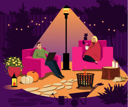Couple sitting in the illuminated backyard under a patio heater at night in fall, seasonal decorations around, EPS 8 vector illustrationのイラスト素材