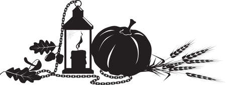 Fall harvest theme design for a header with a pumpkin, lantern, chain and wheat, EPS 8 black vector silhouette, no white objectsのイラスト素材