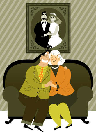 Loving elderly couple sitting under their old wedding photo, EPS 8 vector illustrationのイラスト素材