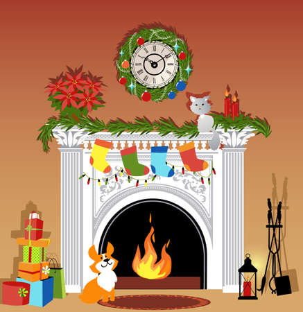 Lit fireplace decorated for winter holidays, cat and dog and a pile of presents, EPS 8 vector illustration, no transparenciesのイラスト素材