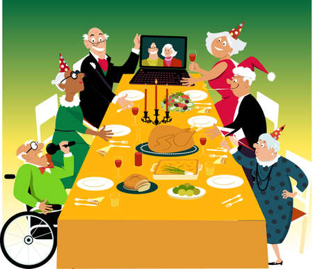 Small group of a retirement home residents having a turkey holiday dinner with their friends joining them via video chat,  EPS 8 vector illustrationのイラスト素材