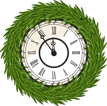 Vintage clock decorated with a Christmas wreath without ornaments, custom pine tree brush is...