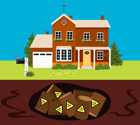 Family home built on contaminated land with hazardous waste buried underneath, EPS 8 vector illustrationのイラスト素材
