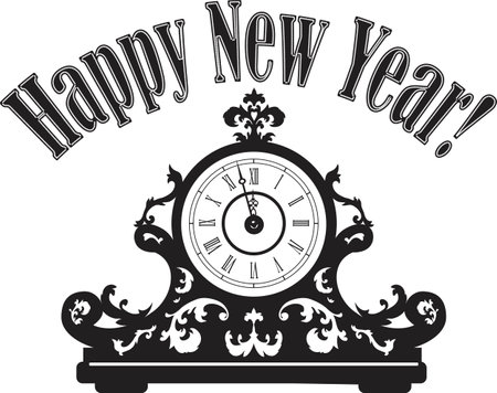 Black vector illustration of an ornate vintage clock with happy new year text over, EPS 8, no white objectsのイラスト素材