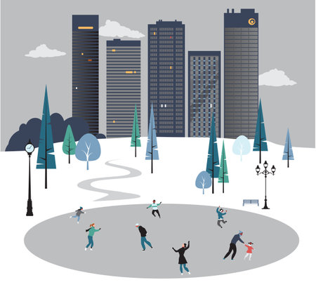 People skating in a skating rink in the city park in overcast winter day,  vector illustrationのイラスト素材