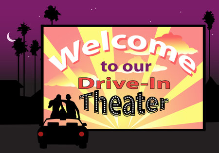 Couple sitting on the roof of a car in a drive-in movie theater, EPS 8 vector illustrationのイラスト素材