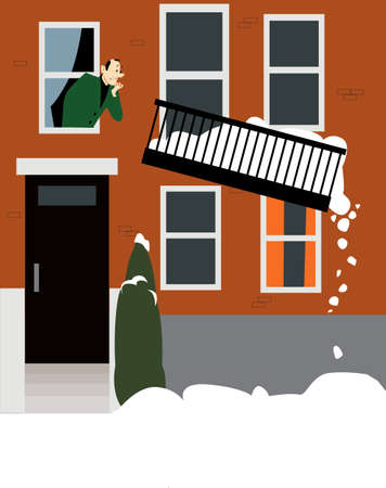 Concerned man looking at his balcony giving up under a weight of accumulated snow,  EPS 8 vector illustrationのイラスト素材