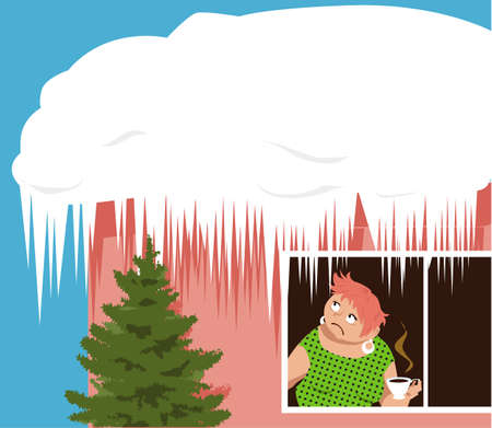 Worried woman looking at ice and snow accumulated on the roof of her house, EPS 8 vector illustrationのイラスト素材