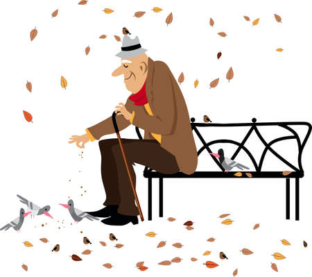 Elderly man feeding pigeons sitting on a park bench in fall, EPS 8 vector illustrationのイラスト素材