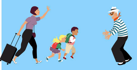 Mother bringing her children to visit their grandfather after a lockdown,   vector illustrationのイラスト素材