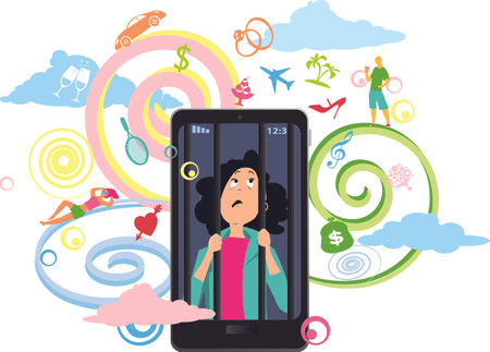 Young woman affected by FOMO trapped inside a smartphone, symbols of exciting opportunities presented by social networking projected around her, EPS 8 vector illustrationのイラスト素材