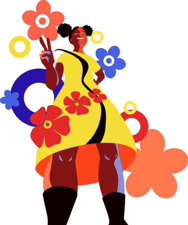 Smiling black girl standing in power pose flashing victory sign, bright color modern vector illustrationのイラスト素材