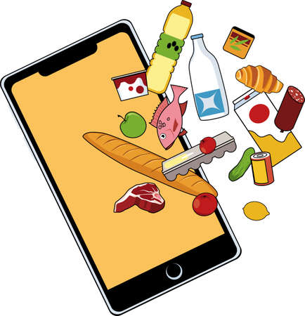 Generic smartphone with food items flowing into it as a metaphor for online grocery shopping, EPS 8 vector illustrationのイラスト素材