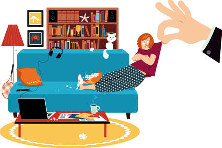 Giant hand pulling a reluctant woman off the couch where she was working from home, EPS 8 vector illustrationのイラスト素材