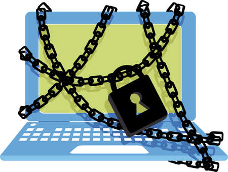 Kid's computer wrapped in a chain secured with a big lock representing parental control, EPS 8 vector illustrationのイラスト素材