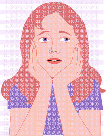 Portrait of a teenage girl with a multi-choice test answer sheet over, EPS 8 vector illustration, no transparenciesのイラスト素材
