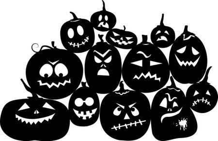 Black vector silhouettes of funny jack-o-lanterns for a cut-out or window decoration, no white objects, EPS 8のイラスト素材