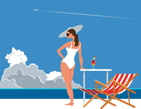 Beautiful woman in a retro swimming suit and a hat standing next to a cabana chair on a tropical beach,  storm cloud on the horizon, EPS 8 vector illustrationのイラスト素材