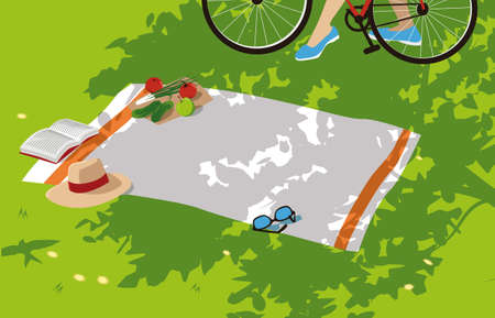 Woman's legs and a bicycle seen next to a blanket with a book, a hat, sunglasses and healthy snacks on it in a shadow of a tree in a sunny summer day, vector illustration, no transparenciesのイラスト素材