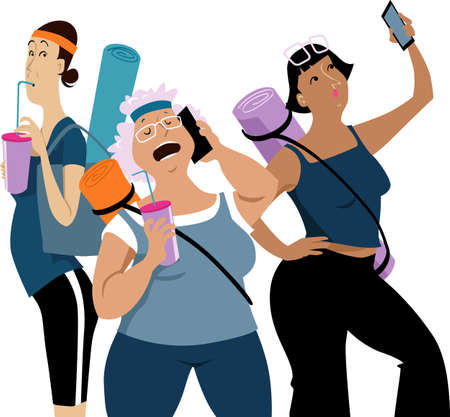 Three mature women after a yoga class having protein shakes and communicating over the smartphones, vector illustrationのイラスト素材