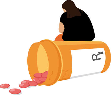 Depressed overweight woman sitting on a bottle of prescription pills that fail to help her and might cause obesity,   vector illustrationのイラスト素材