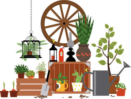 Potted plants and gardening tools storage,   vector illustration, isolated on whiteのイラスト素材
