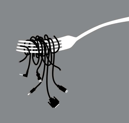 Computer cables twisted on a fork like spaghettiのイラスト素材