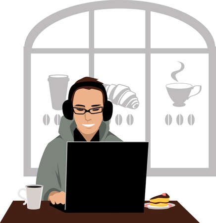Young person working on a laptop in a cafe, having coffee and a piece of cakeのイラスト素材