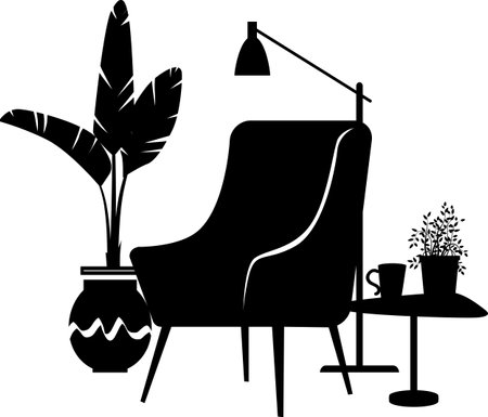 Cozy reading nook consisting of a chair and a coffee table next to a potted plant and lamp, EPS 8 vector illustration, single silhouette, no real product depictedのイラスト素材